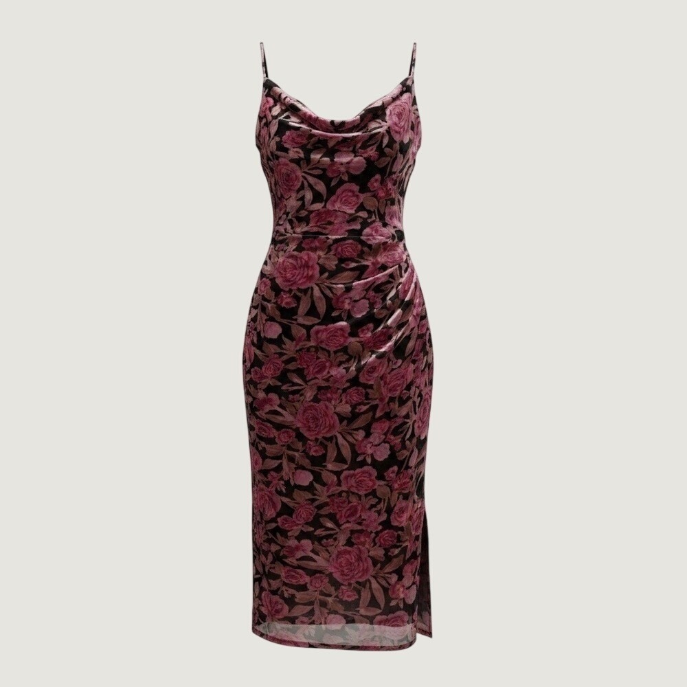 Floral Burnout Velvet‎ Midi Dress Size S Cowl Neck Ruched Pink Black